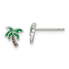 QE14345 Sterling Silver Rhodium-plated Polished Enameled Palm Tree Post Earrings