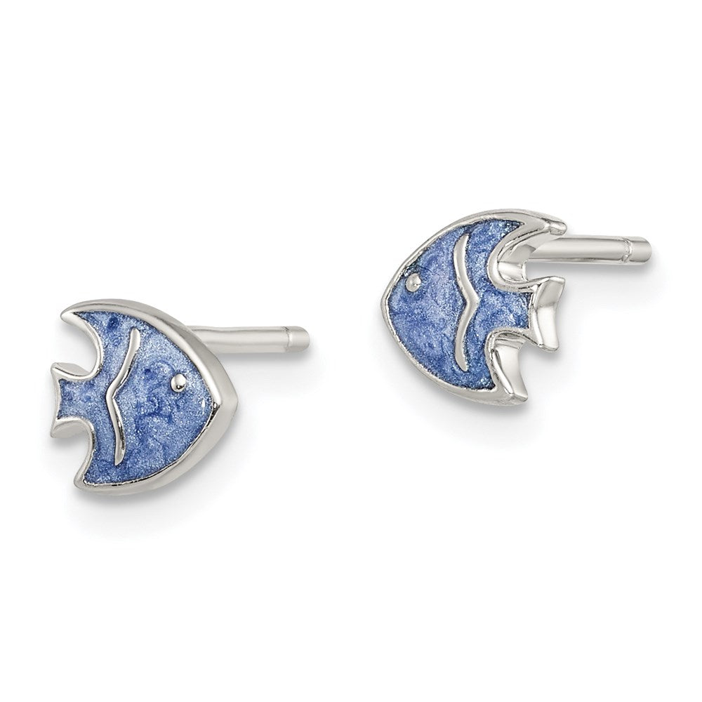 QE14346 Sterling Silver Rhodium-plated Polished Blue Enameled Fish Childs Post Earrings