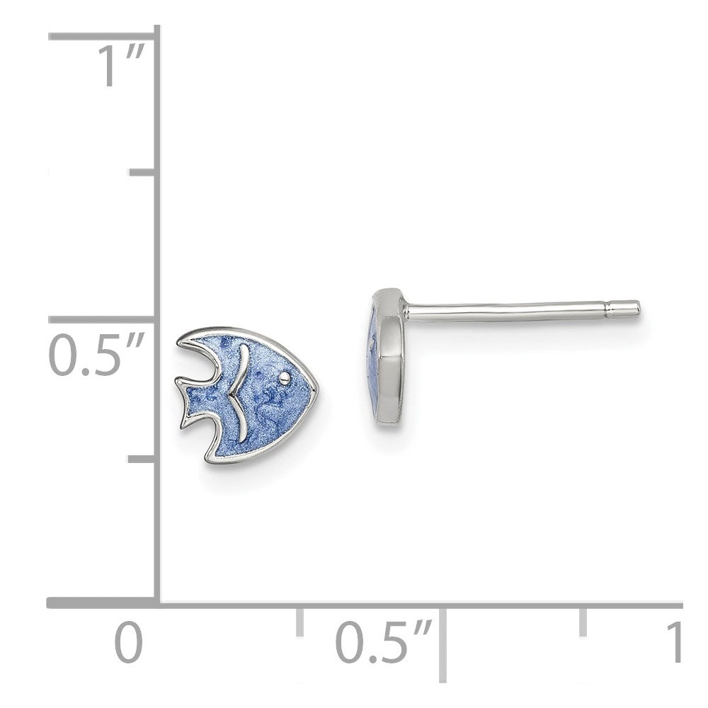 QE14346 Sterling Silver Rhodium-plated Polished Blue Enameled Fish Childs Post Earrings