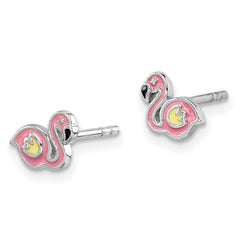QE14350 Sterling Silver Rhodium-plated Polished & Multi-color Enameled Flamingo Children's Post Earrings