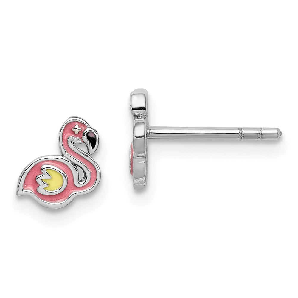 QE14350 Sterling Silver Rhodium-plated Polished & Multi-color Enameled Flamingo Children's Post Earrings