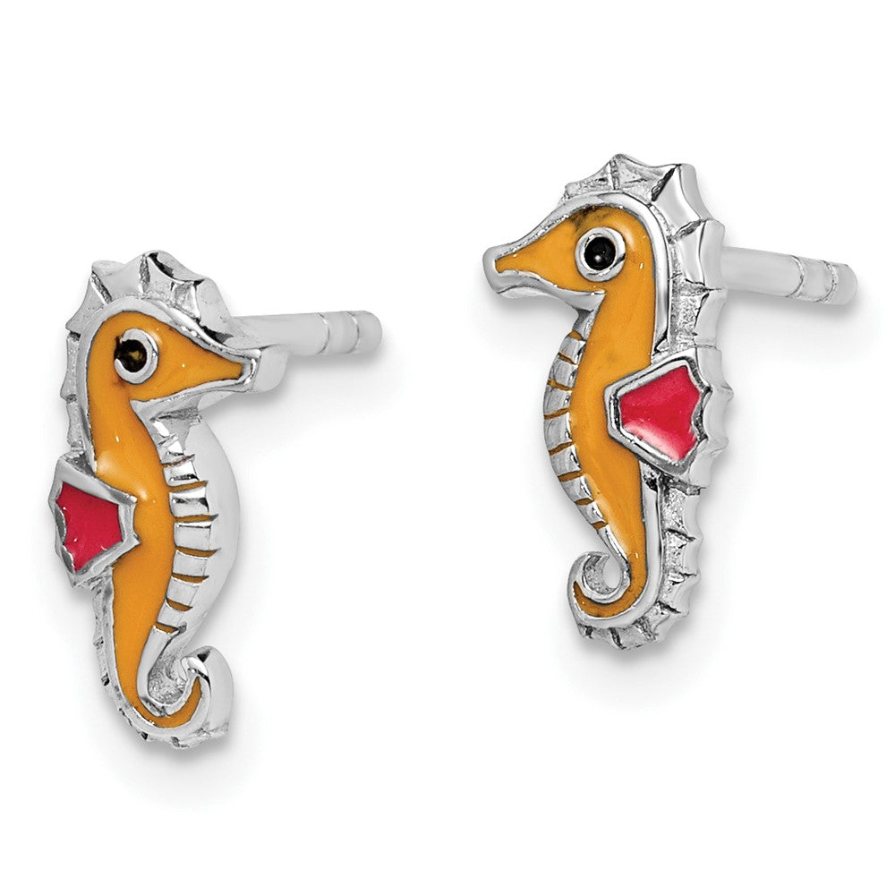 QE14351 Sterling Silver Rhodium-plated Children's Polished and Multi-color Enameled Seahorse Post Earrings