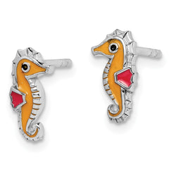 QE14351 Sterling Silver Rhodium-plated Children's Polished and Multi-color Enameled Seahorse Post Earrings
