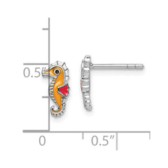 QE14351 Sterling Silver Rhodium-plated Children's Polished and Multi-color Enameled Seahorse Post Earrings