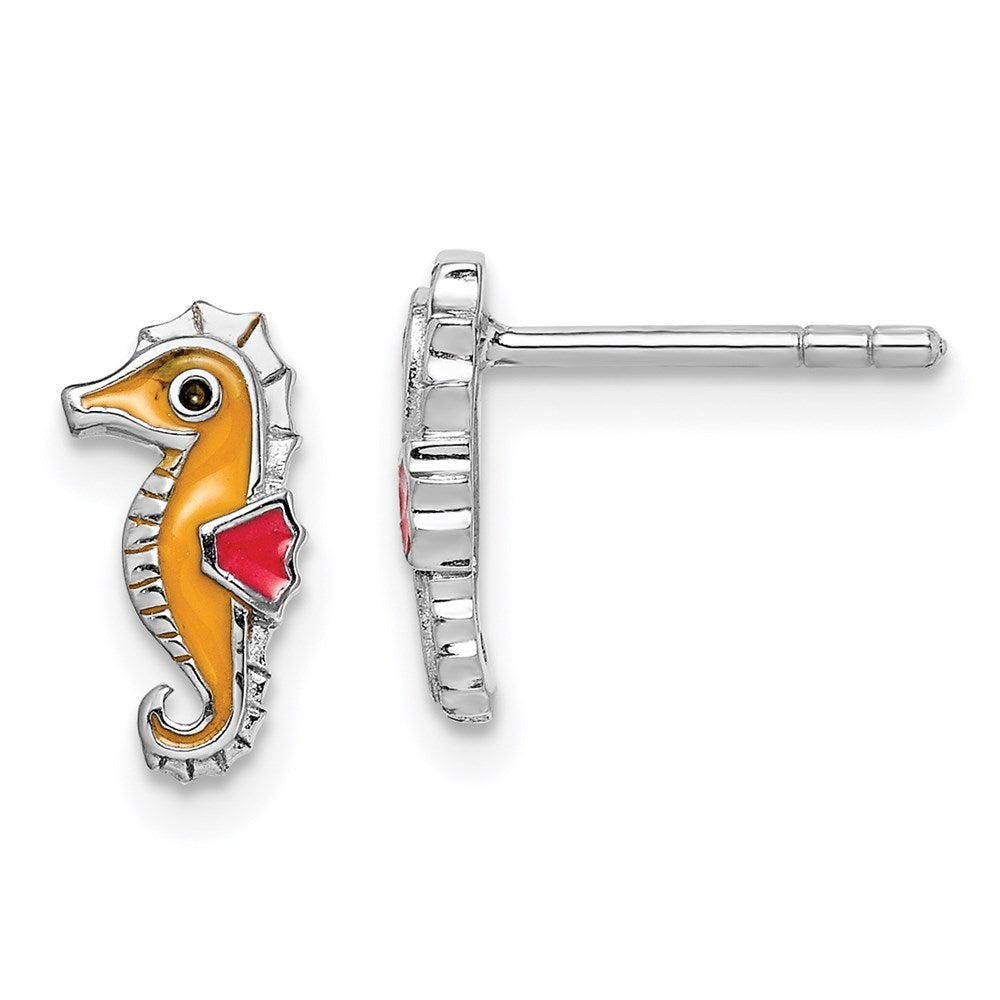 QE14351 Sterling Silver Rhodium-plated Children's Polished and Multi-color Enameled Seahorse Post Earrings