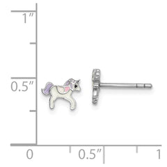 QE14356 Sterling Silver Rhodium-plated Polished Multi-color Enameled Unicorn Children's Post Earrings