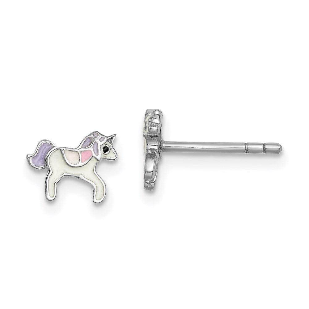 QE14356 Sterling Silver Rhodium-plated Polished Multi-color Enameled Unicorn Children's Post Earrings
