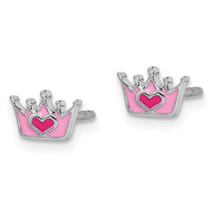 QE14357 Sterling Silver Rhodium-plated Polished & Pink Enameled Heart Crown Children's Post Earrings