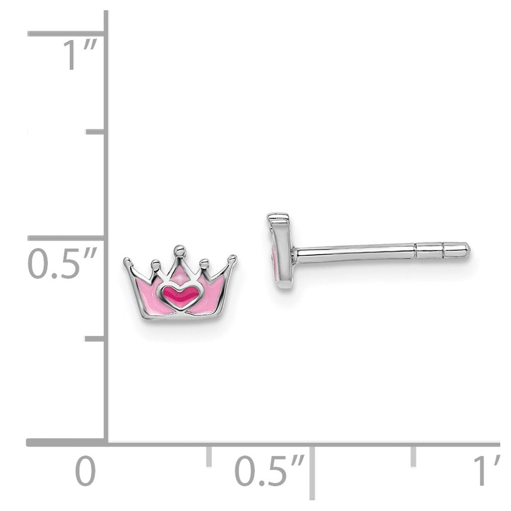 QE14357 Sterling Silver Rhodium-plated Polished & Pink Enameled Heart Crown Children's Post Earrings