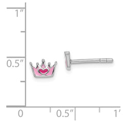 QE14357 Sterling Silver Rhodium-plated Polished & Pink Enameled Heart Crown Children's Post Earrings