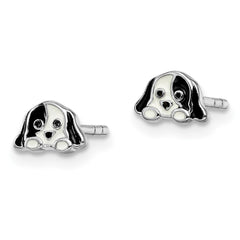 QE14361 Sterling Silver Rhodium-plated Polished Black & White Enameled Puppy Children's Post Earrings