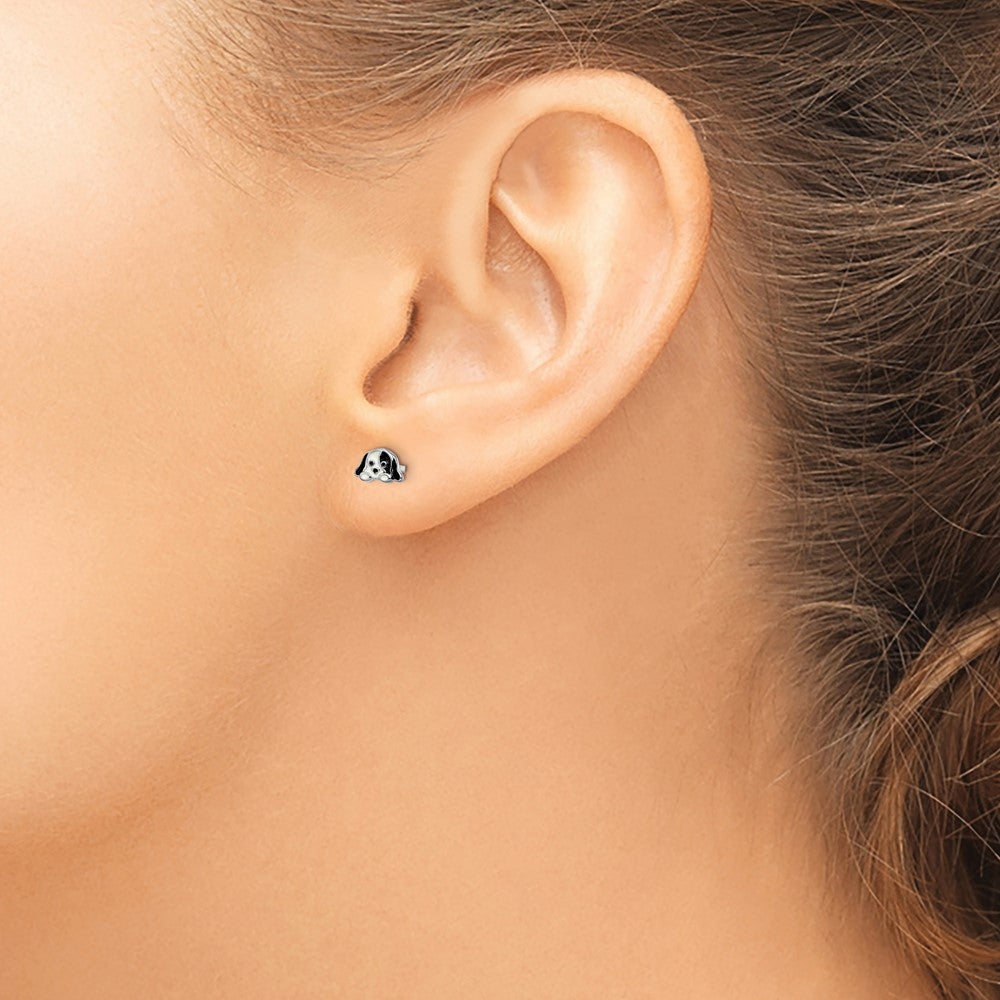 QE14361 Sterling Silver Rhodium-plated Polished Black & White Enameled Puppy Children's Post Earrings