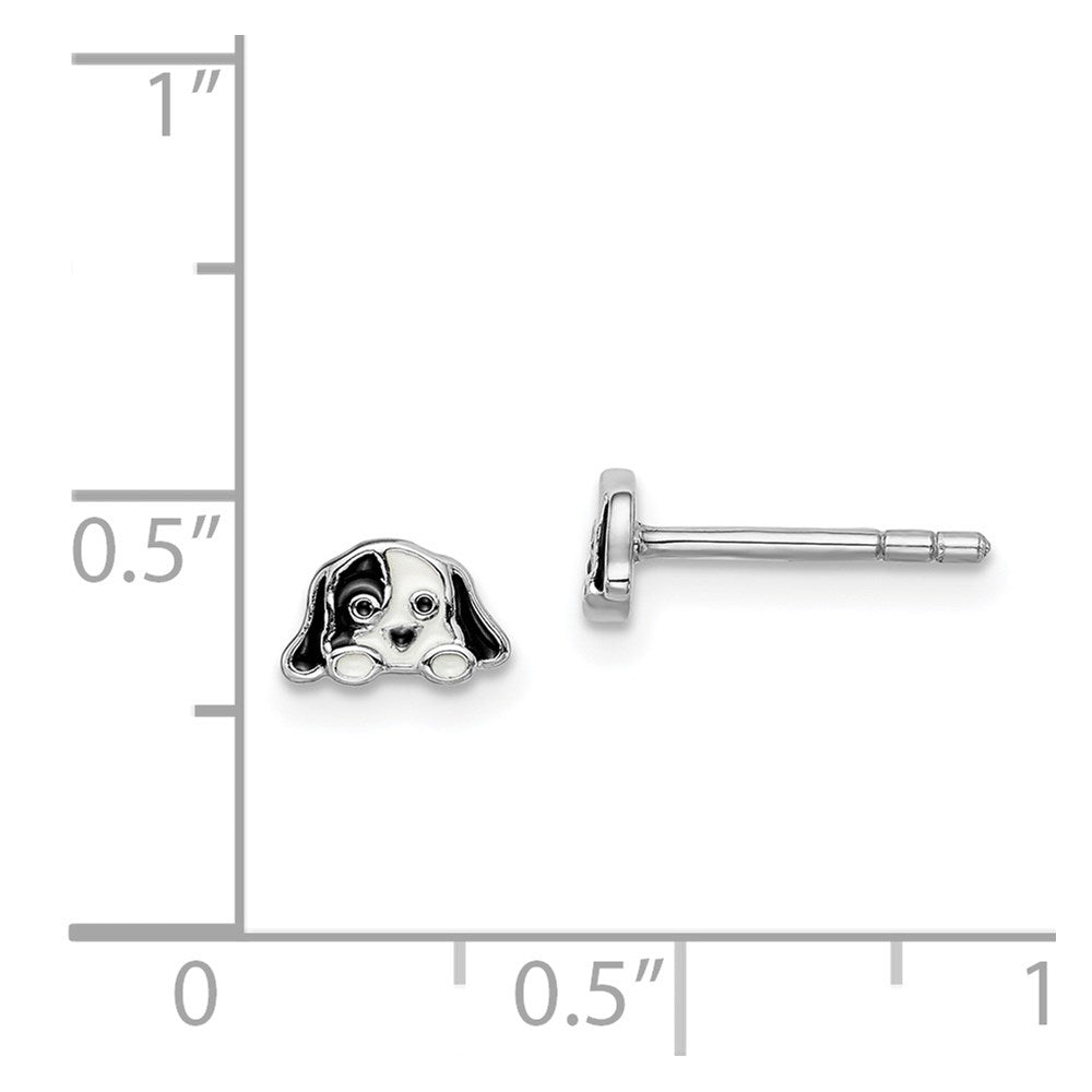 QE14361 Sterling Silver Rhodium-plated Polished Black & White Enameled Puppy Children's Post Earrings