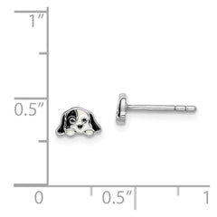 QE14361 Sterling Silver Rhodium-plated Polished Black & White Enameled Puppy Children's Post Earrings