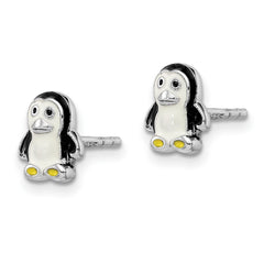 QE14362 Sterling Silver Rhodium-plated Polished Multi-color Enameled Penguin Children's Post Earrings