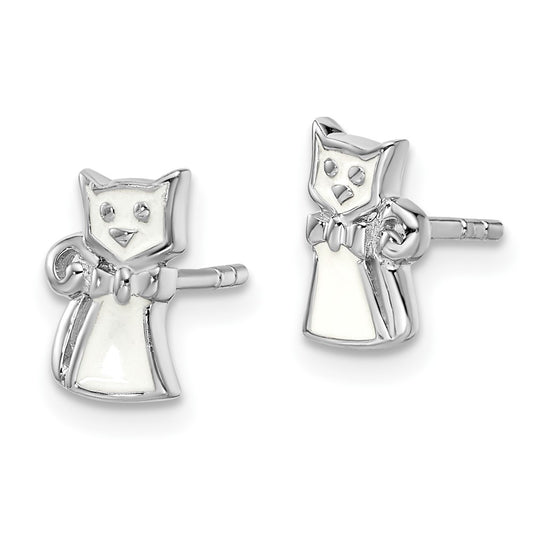 QE14364 Sterling Silver Rhodium-plated Polished White Enameled Cat Children's Post Earrings