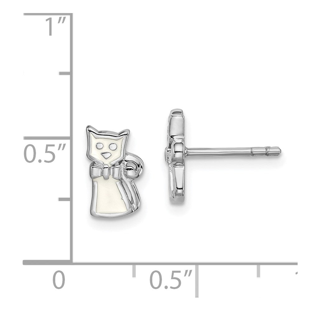 QE14364 Sterling Silver Rhodium-plated Polished White Enameled Cat Children's Post Earrings
