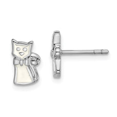 QE14364 Sterling Silver Rhodium-plated Polished White Enameled Cat Children's Post Earrings
