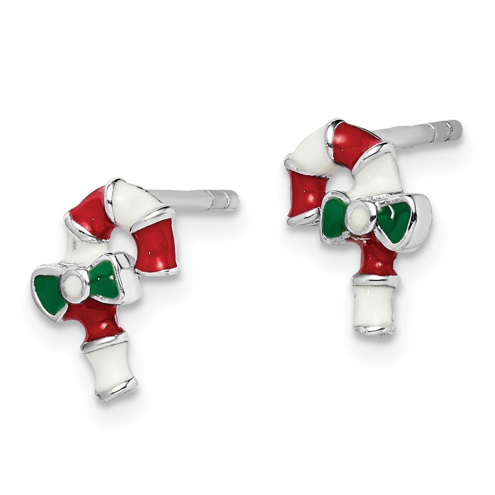 QE14365 Sterling Silver Rhodium-plated Polished Multi-color Enameled Candy Cane Children's Post Earrings