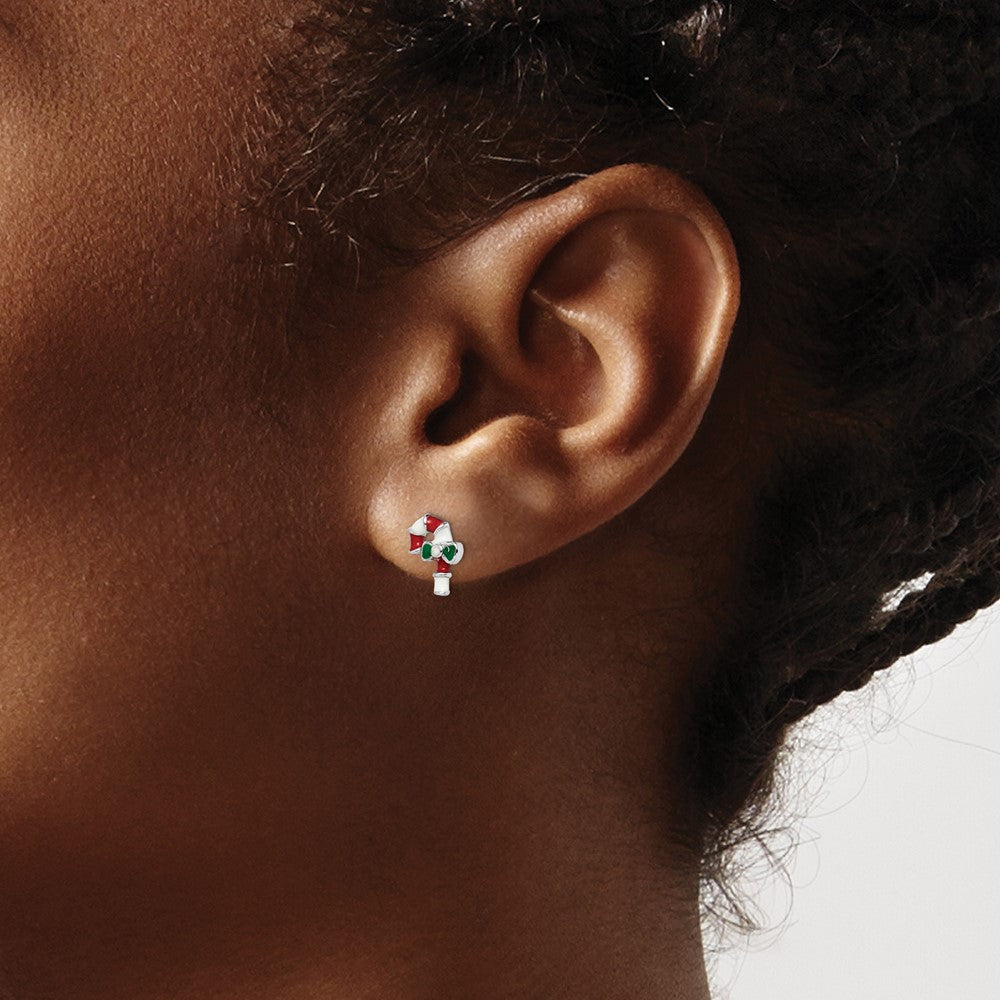 QE14365 Sterling Silver Rhodium-plated Polished Multi-color Enameled Candy Cane Children's Post Earrings