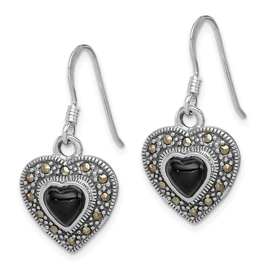 QE1437 Sterling Silver RH-plated Antiqued Onyx & Marcasite Heart Dangle Earrings