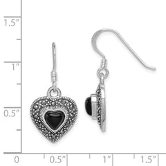 QE1437 Sterling Silver RH-plated Antiqued Onyx & Marcasite Heart Dangle Earrings