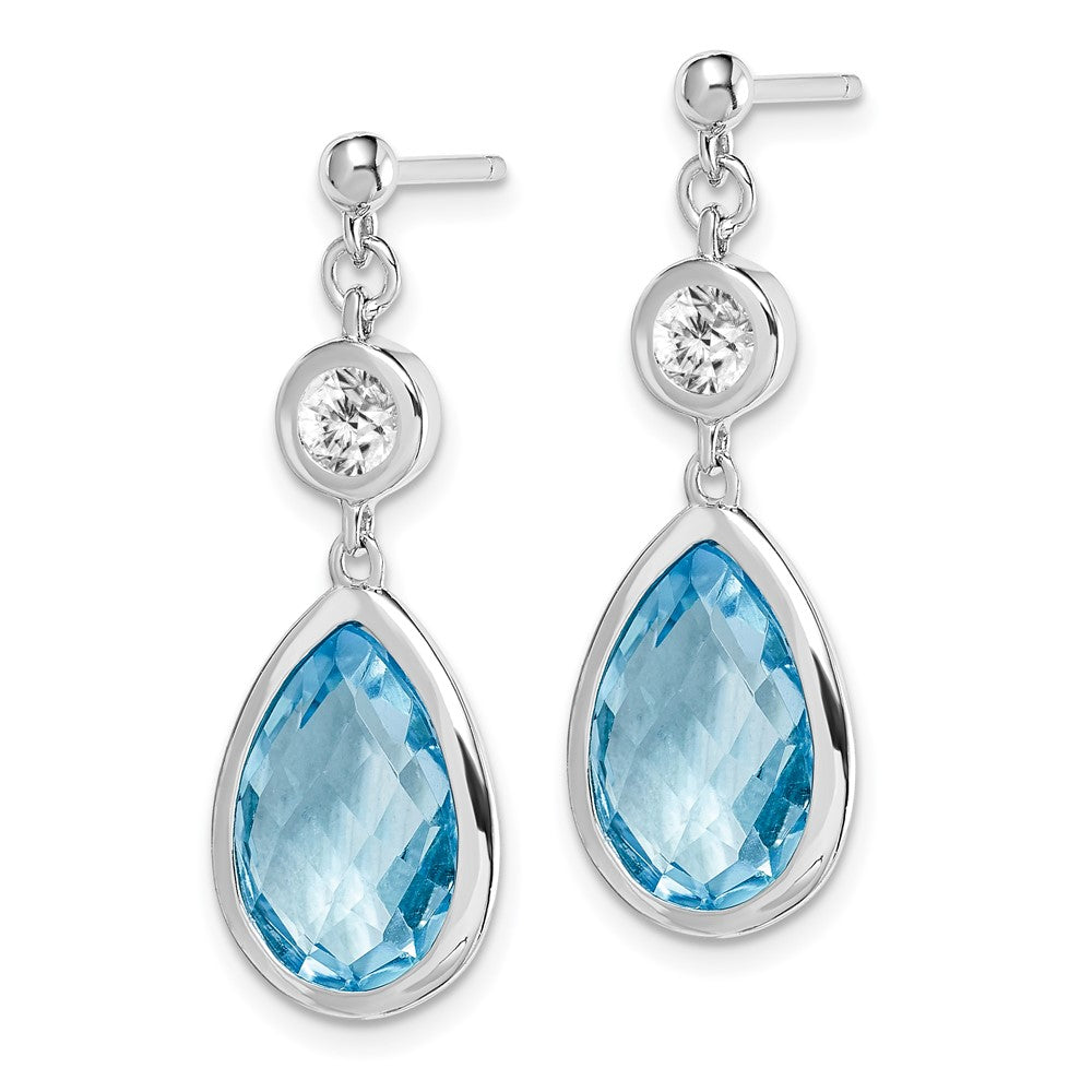 QE14375 Sterling Silver Rhodium-plated White and Blue Topaz Post Dangle Earrings