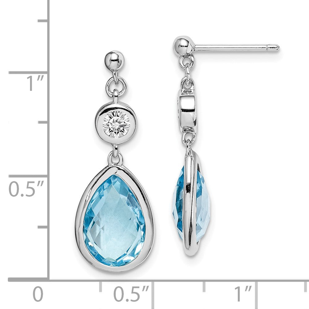 QE14375 Sterling Silver Rhodium-plated White and Blue Topaz Post Dangle Earrings