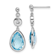 QE14375 Sterling Silver Rhodium-plated White and Blue Topaz Post Dangle Earrings