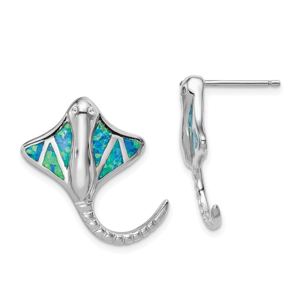 QE14445 Sterling Silver Rhodium-plated Created Blue Opal Stingray Post Earrings