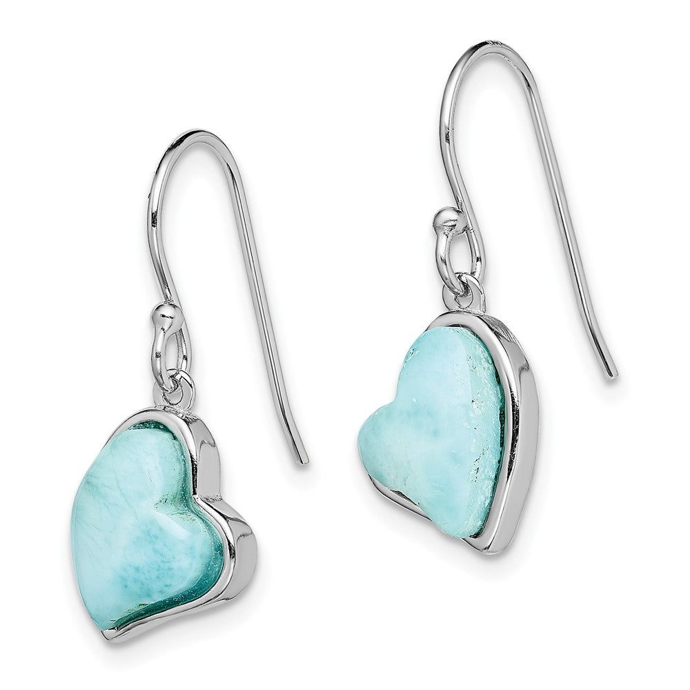 QE14446 Sterling Silver Rhodium-plated Light Blue Larimar Heart Dangle Earrings