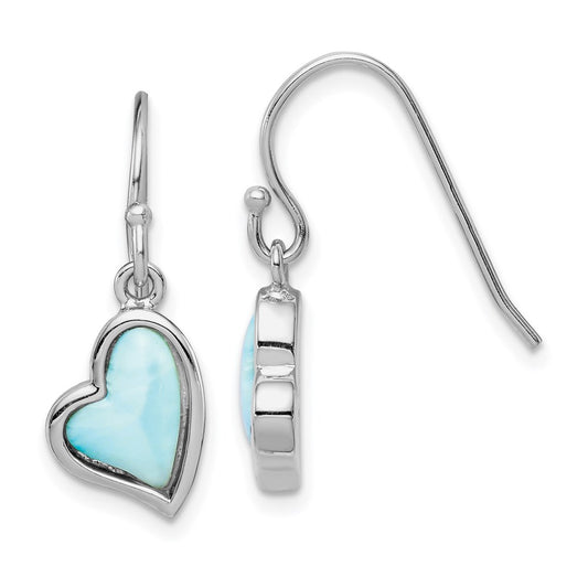 QE14446 Sterling Silver Rhodium-plated Light Blue Larimar Heart Dangle Earrings