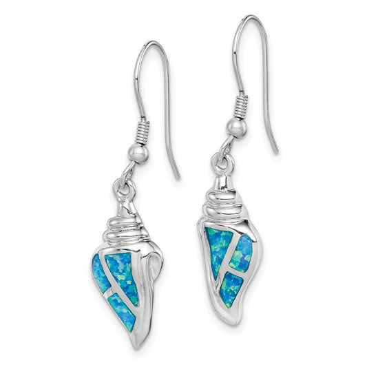 QE14447 Sterling Silver Rhodium-plated Created Blue Opal Seashell Dangle Earrings