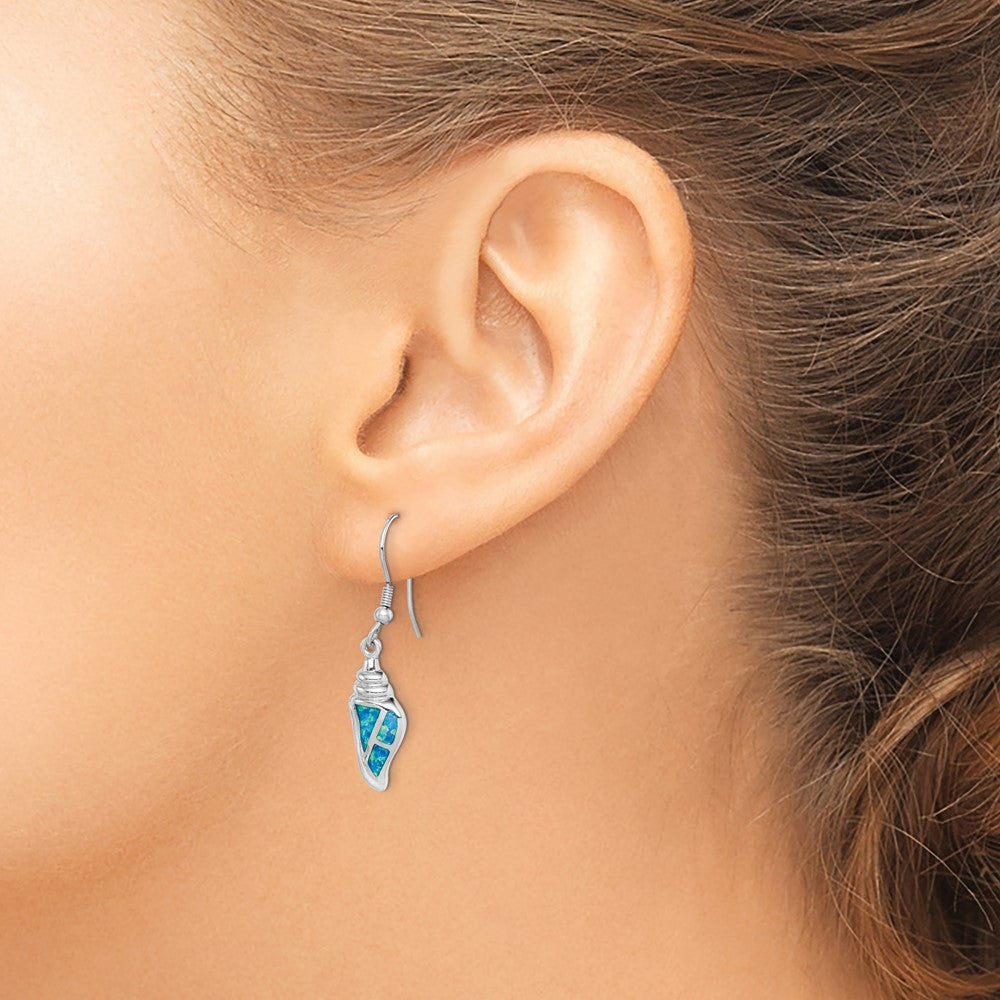 QE14447 Sterling Silver Rhodium-plated Created Blue Opal Seashell Dangle Earrings