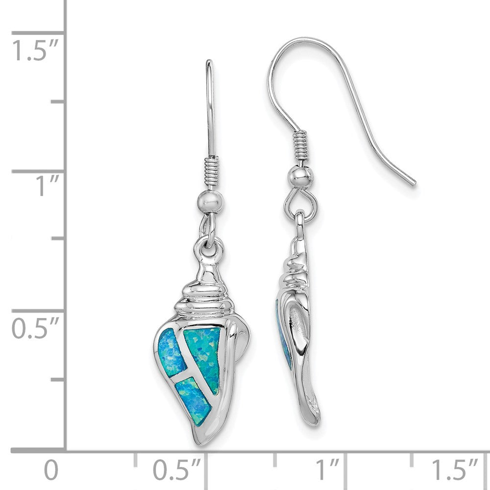 QE14447 Sterling Silver Rhodium-plated Created Blue Opal Seashell Dangle Earrings