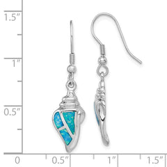QE14447 Sterling Silver Rhodium-plated Created Blue Opal Seashell Dangle Earrings