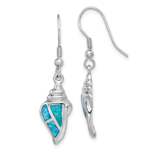 QE14447 Sterling Silver Rhodium-plated Created Blue Opal Seashell Dangle Earrings