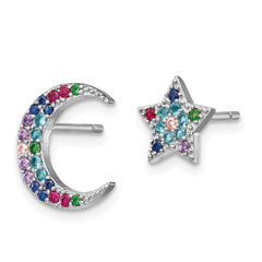 QE14449 Prizma Sterling Silver Rhodium-plated Moon and Star Colorful CZ Post Earrings