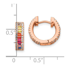 QE14451RP Prizma Sterling Silver Rose-tone 14K Flash Rose Gold-plated White and Colorful Baguette CZ Hinged Hoop Earrings