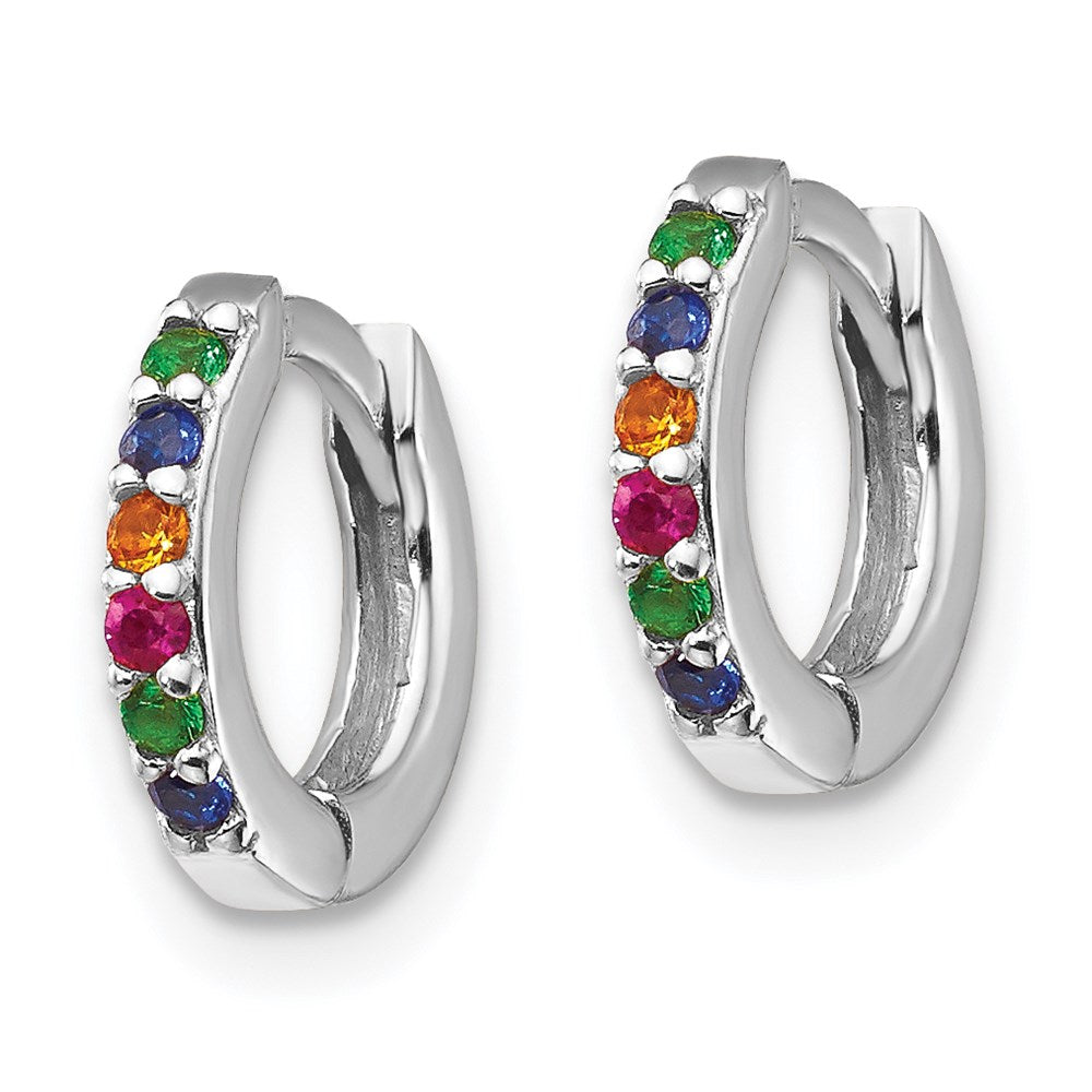 QE14454 Prizma Sterling Silver Rhodium-plated Colorful CZ Small Hinged Hoop Earrings