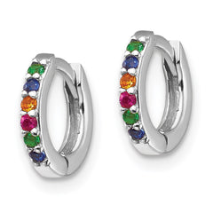 QE14454 Prizma Sterling Silver Rhodium-plated Colorful CZ Small Hinged Hoop Earrings