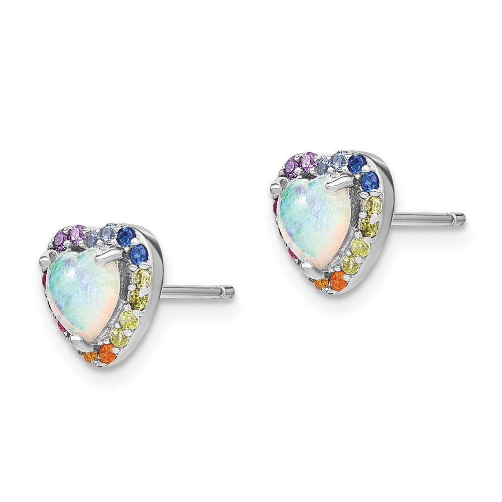 QE14460 Prizma Sterling Silver Rhodium-plated Lab Created Opal and Colorful CZ Heart Post Earrings