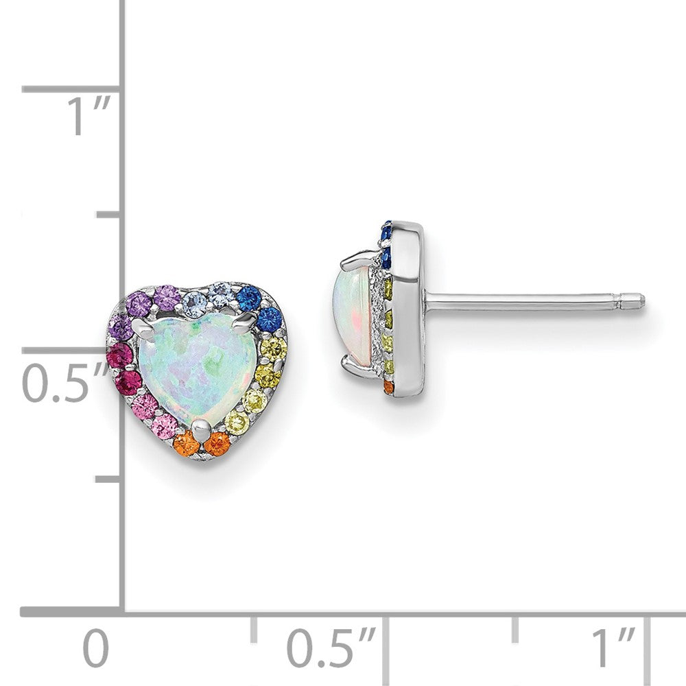 QE14460 Prizma Sterling Silver Rhodium-plated Lab Created Opal and Colorful CZ Heart Post Earrings