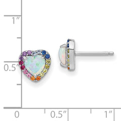 QE14460 Prizma Sterling Silver Rhodium-plated Lab Created Opal and Colorful CZ Heart Post Earrings