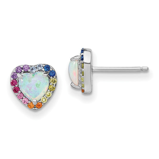 QE14460 Prizma Sterling Silver Rhodium-plated Lab Created Opal and Colorful CZ Heart Post Earrings