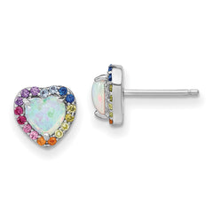 QE14460 Prizma Sterling Silver Rhodium-plated Lab Created Opal and Colorful CZ Heart Post Earrings