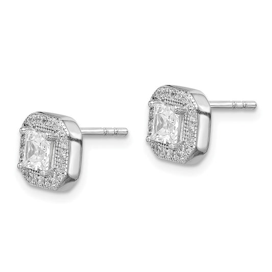 QE14470APR Sterling Silver Rhodium Plated Square Clear Center and Clear CZ Post Earrings