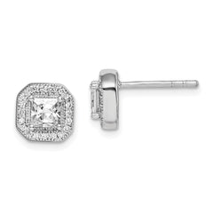 QE14470APR Sterling Silver Rhodium Plated Square Clear Center and Clear CZ Post Earrings