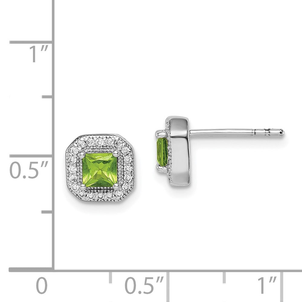QE14470AUG Sterling Silver Rhodium Plated Square Green and Clear CZ Post Earrings