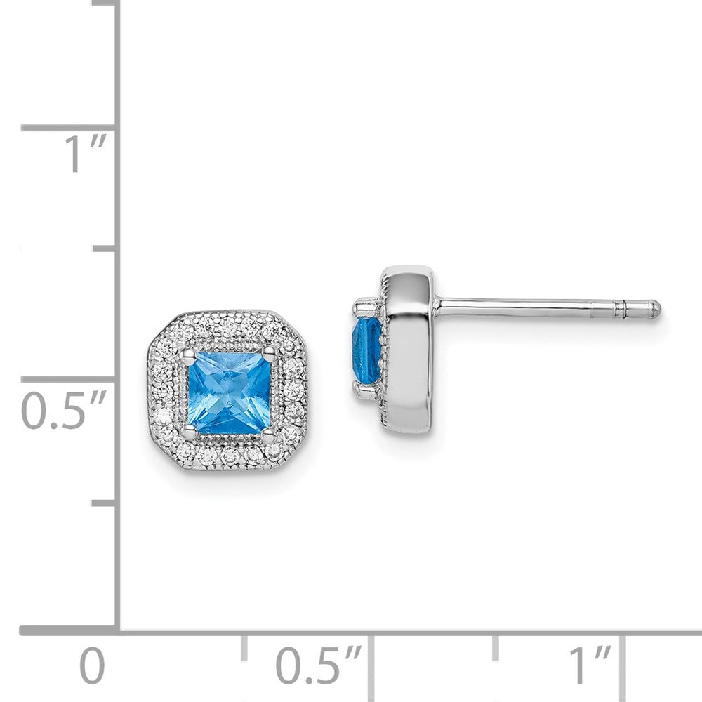 QE14470DEC Sterling Silver Rhodium Plated Square Blue and Clear CZ Post Earrings